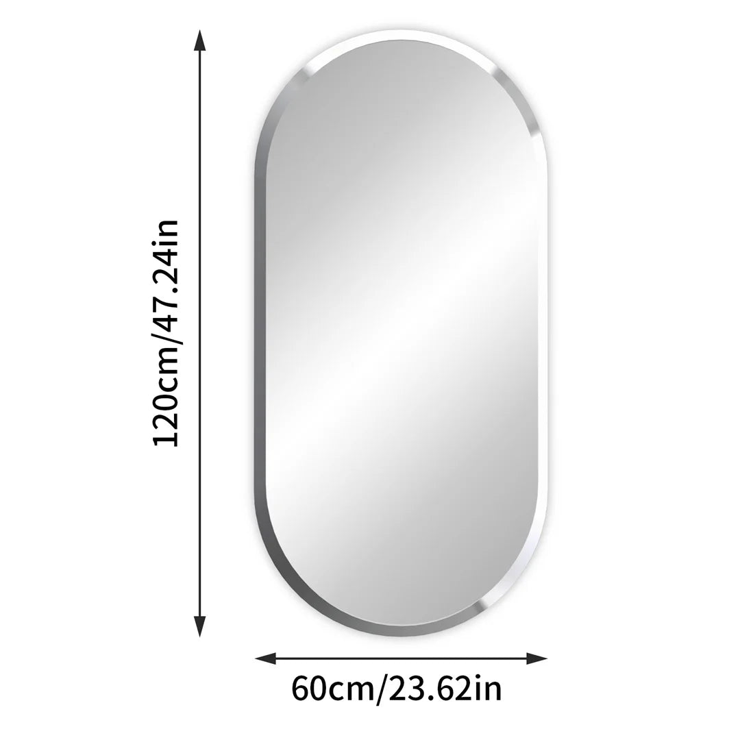 Un miroir ovale minimaliste avec un cadre fin et une hauteur de 120 cm sur une largeur de 60 cm.
