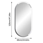 Un miroir ovale minimaliste avec un cadre fin et une hauteur de 120 cm sur une largeur de 60 cm.