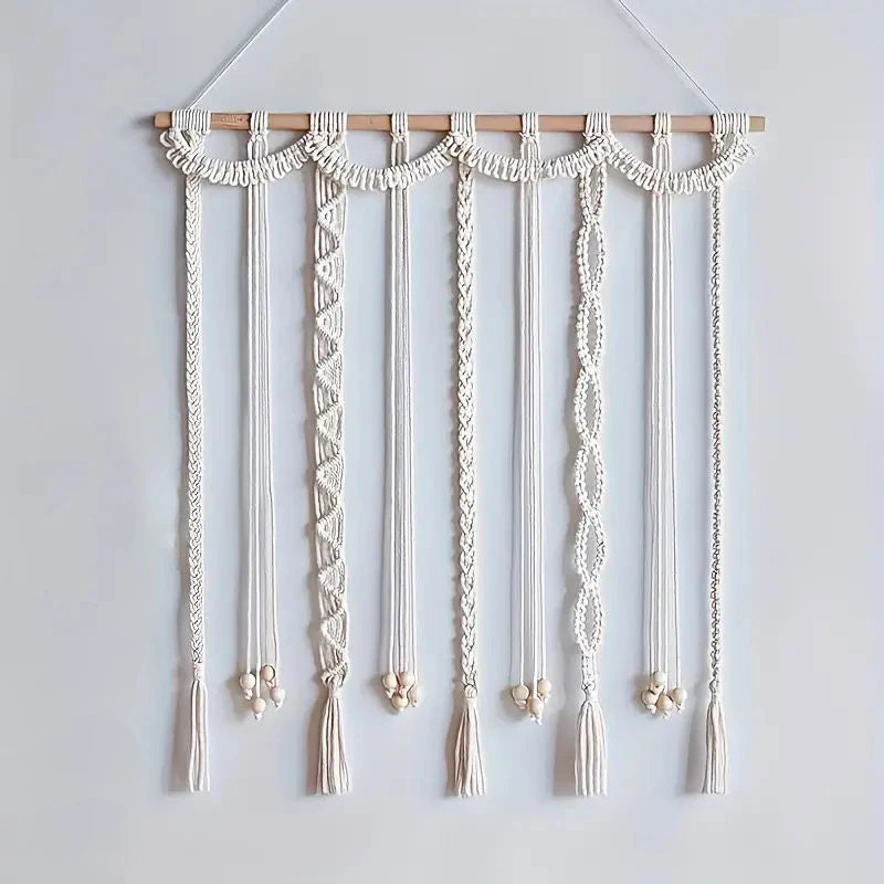 cadre mural macramé boho blanc motifs géométriques clips bois photos notes peigne