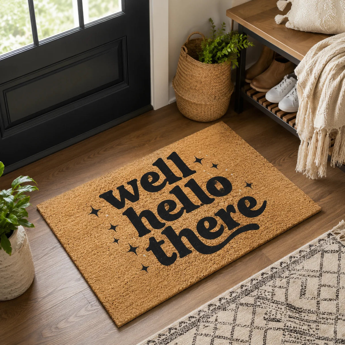 tapis d'entrée personnalisable moderne marron clair textile coco antidérapant extérieur intérieur chambre bienvenue