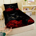 drap housse imprimé chat noir roses rouges coton polyester moderne graphique lit chambreDecoration