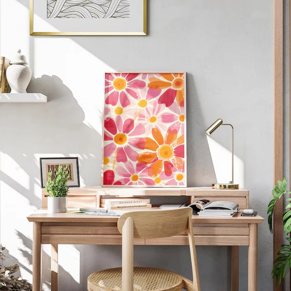 affiche murale moderne fleurs stylisées rose orange chambre salon decoration pop art