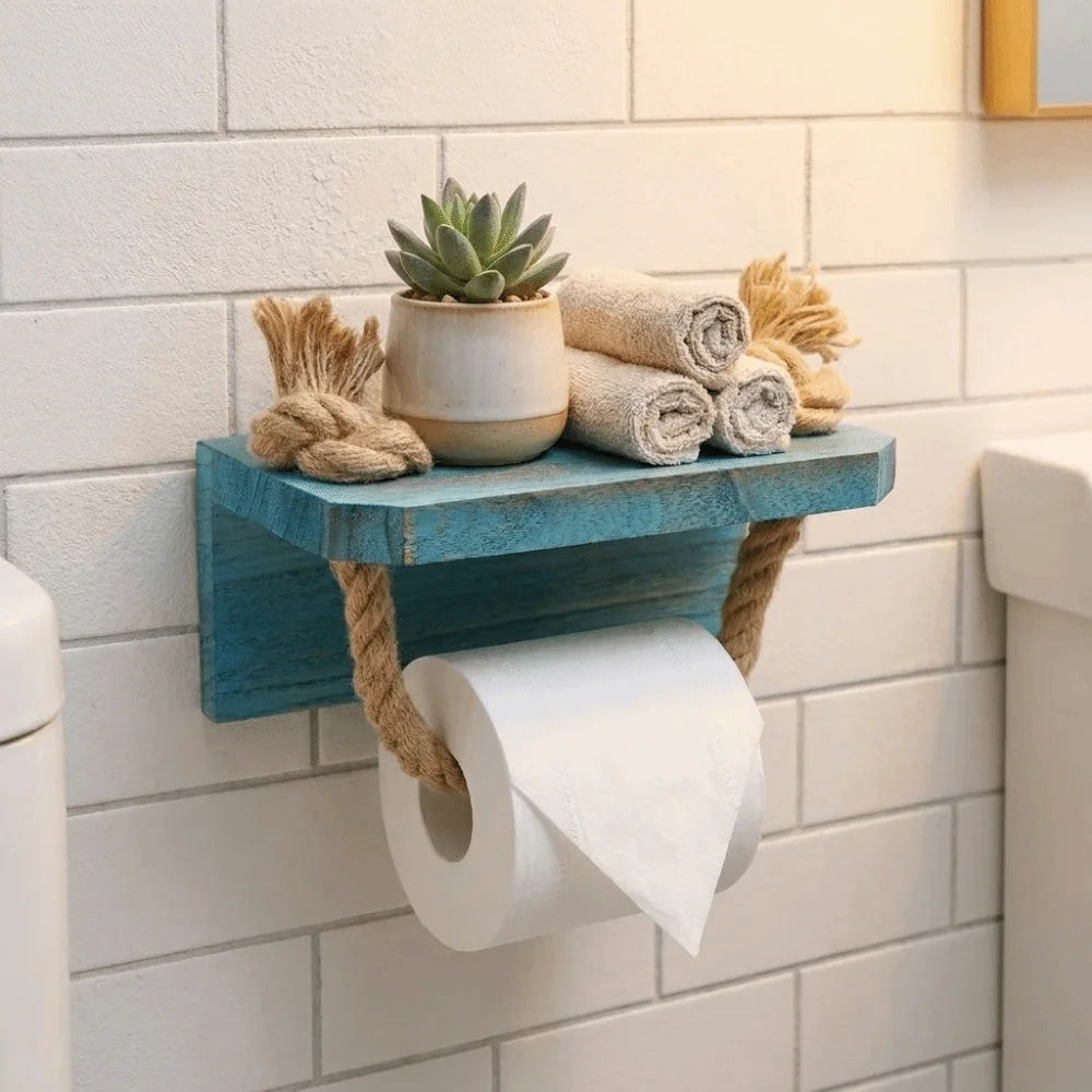 porte papier toilette bois vieilli rustique marins bohème etagere murale turquoise marron fonce