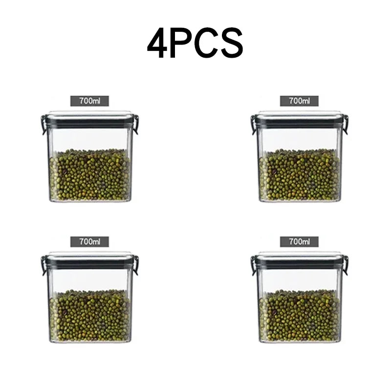boîtes rangement alimentaire transparentes poignées noires multiple tailles réutilisables modernes pratiques épices pâtes graines