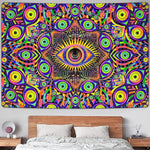 tapisserie murale multicolore oeil stylisé motifs géométriques artificielle psychédélique uv reactive