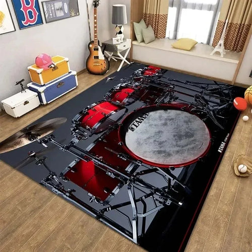 tapis salon décoratif motif batterie musique moderne noir rouge gris intérieur maison