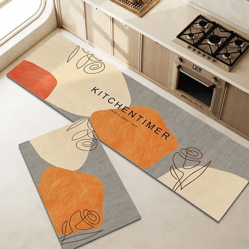 Des ustensiles de cuisine et des éléments décoratifs épars sur un plan de travail moderne.
