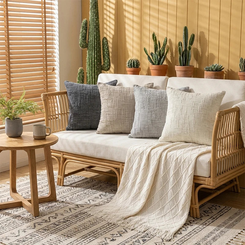 housses coussin texturées polyester géométrique moderne bohème gris beige respectueux environnement opaques