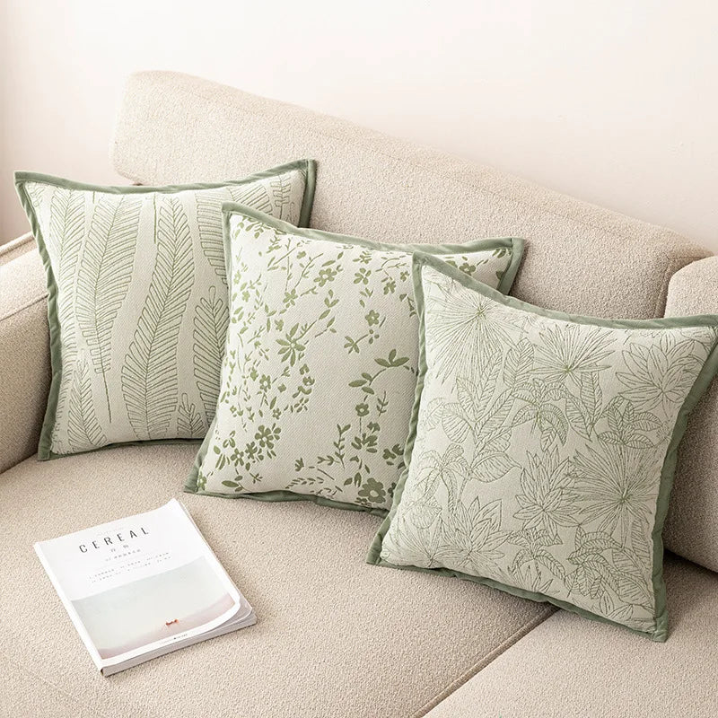 housse coussin carrée jacquard motif floral vert beige gris décoration salon chambre moderne chic