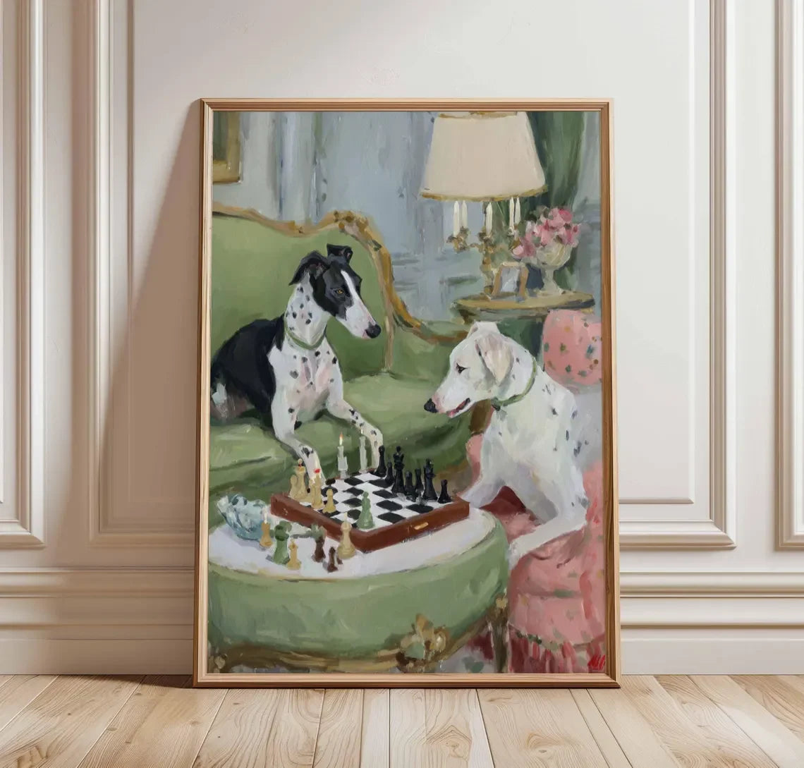 tableau chien whippet dalmatien échecs décoration murale classique peinture huile animaux intérieur vintage original