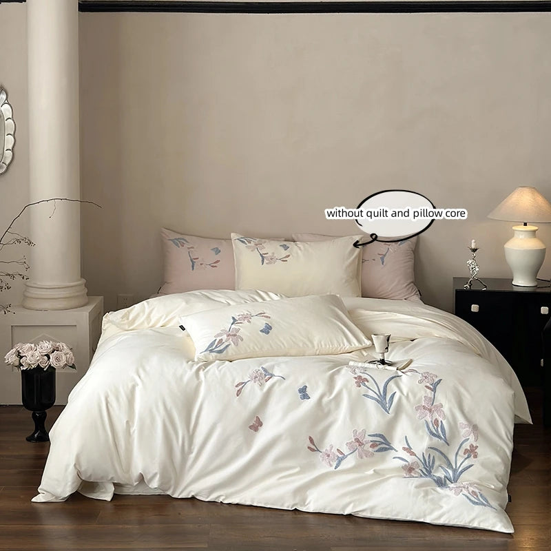 ensemble literie fleurs brodées blanc rose pâle 180x210cm 200x200cm 220x240cm 260x240cm pièces