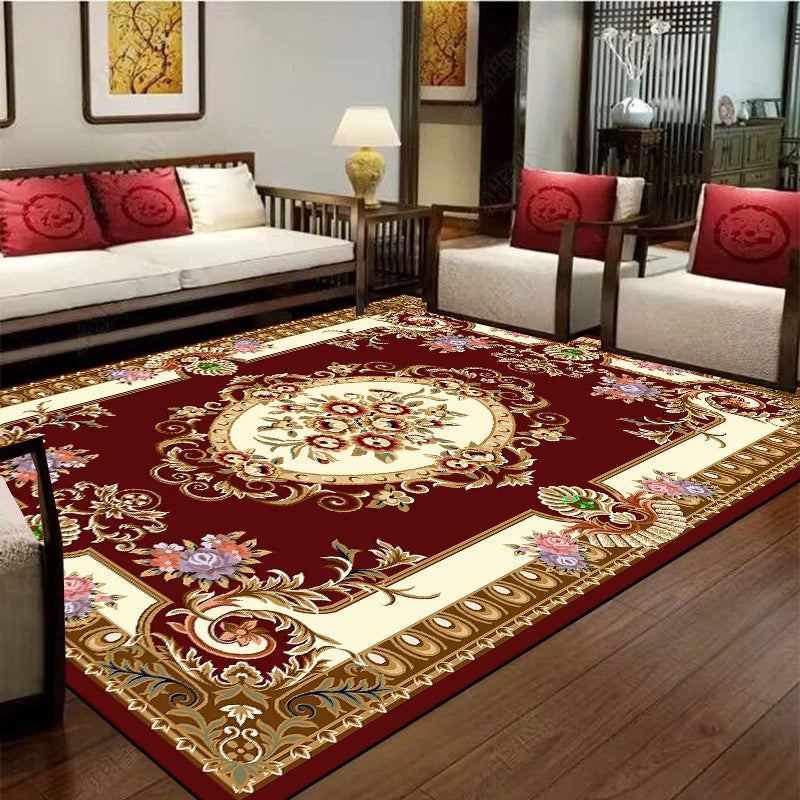 Tapis oriental de luxe avec des motifs floraux élégants et des couleurs riches sur un fond marron foncé, créant une atmosphère chaleureuse et décorative dans le salon.