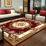 Tapis oriental de luxe avec des motifs floraux élégants et des couleurs riches sur un fond marron foncé, créant une atmosphère chaleureuse et décorative dans le salon.