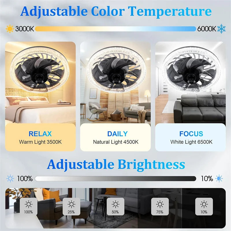 ventilateur lumière led blanc noir transparent moderne télécommande echangement couleur continu chambre couchette
