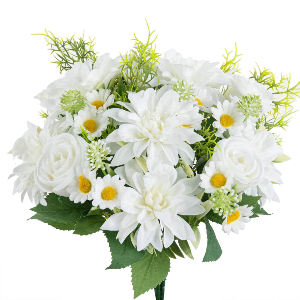 bouquet fleurs artificielles rose clair blanc orange violet dahlia marguerites feuilles vertes réaliste décoration