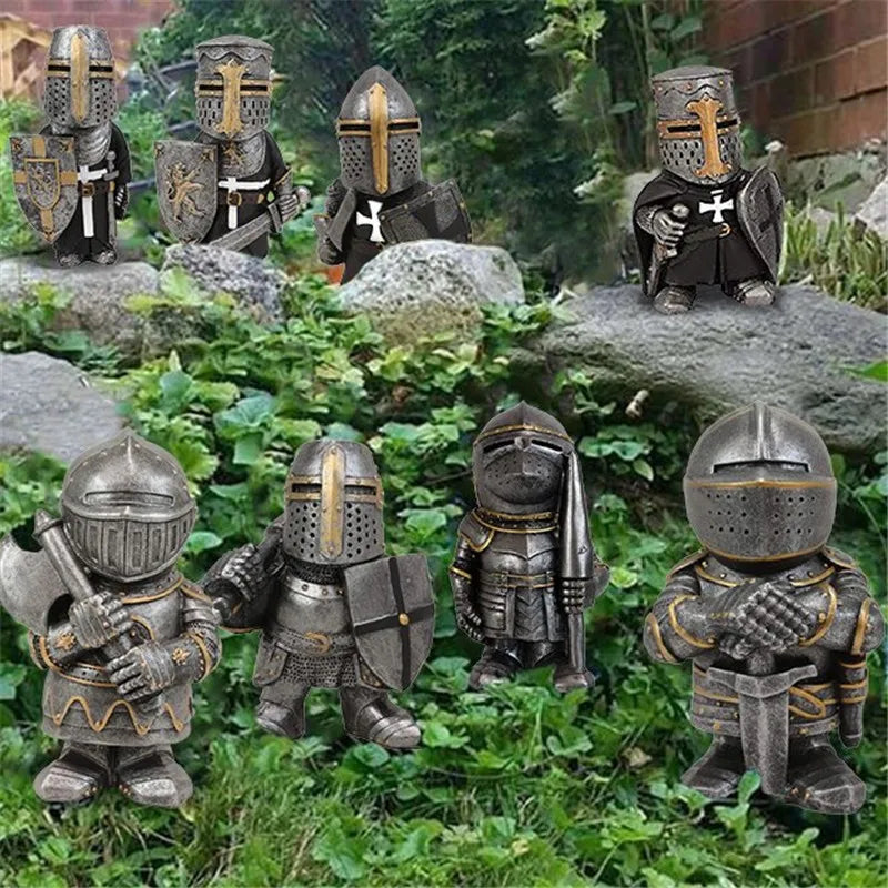 statuette guerrier armure médieval jardin décoration résine gris doré épée bouclier