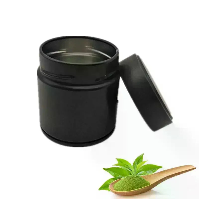boîte thé matcha argent noir contemporaine cuillère bois opaquet aluminium fcm portable scellée