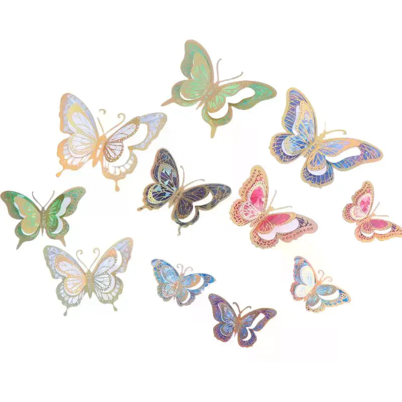 papillons décoratifs transparents effet holographique adhésifs 3d élégants rose vert bleu doré pack 12