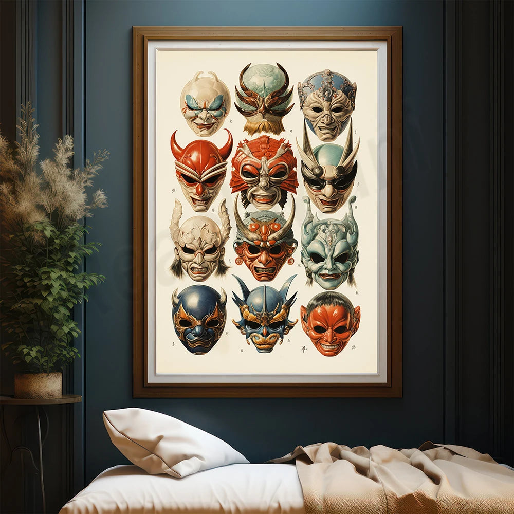 Le panneau représente une collection de masques décoratifs de styles et d'expressions variés, créant une atmosphère mystérieuse et intrigante dans la pièce.