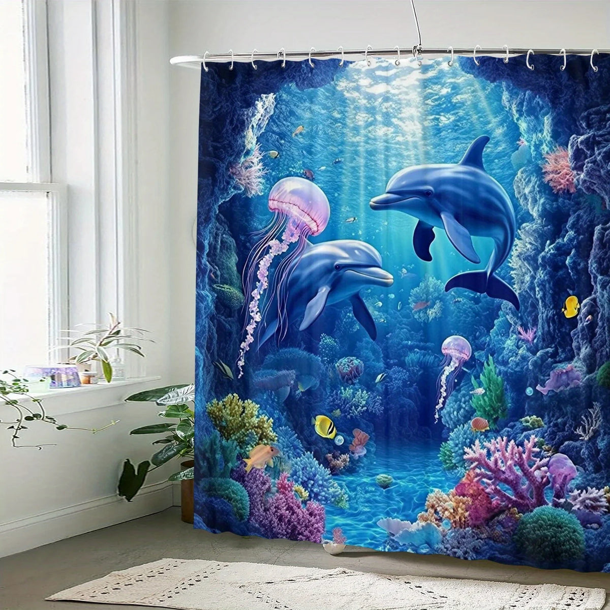 rideau douche sous marin dauphins méduses corail bleu rose moderne opacité océan polyester