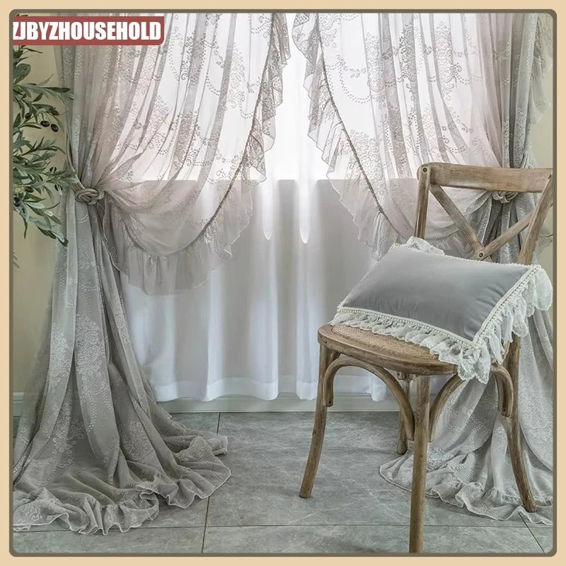 rideau gris semi transparent brodé fleurs classique fenêtre française polyester