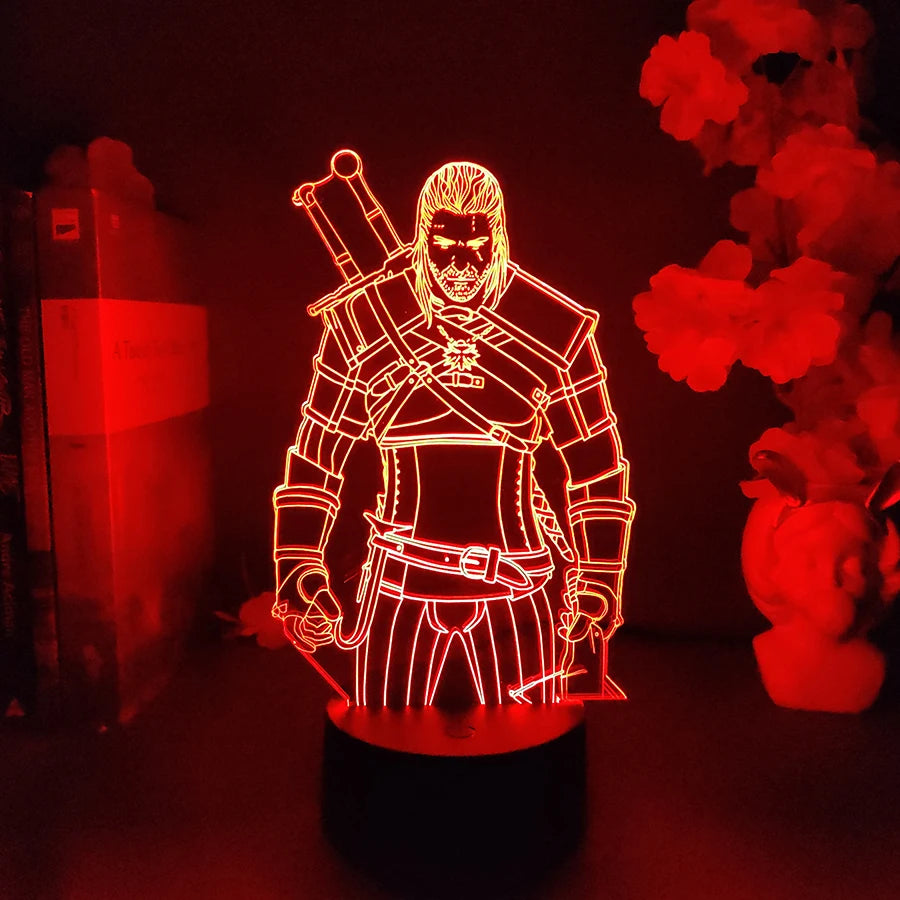 lampe led 3d figure personnage armé violet bleu rouge vert base télécommande
