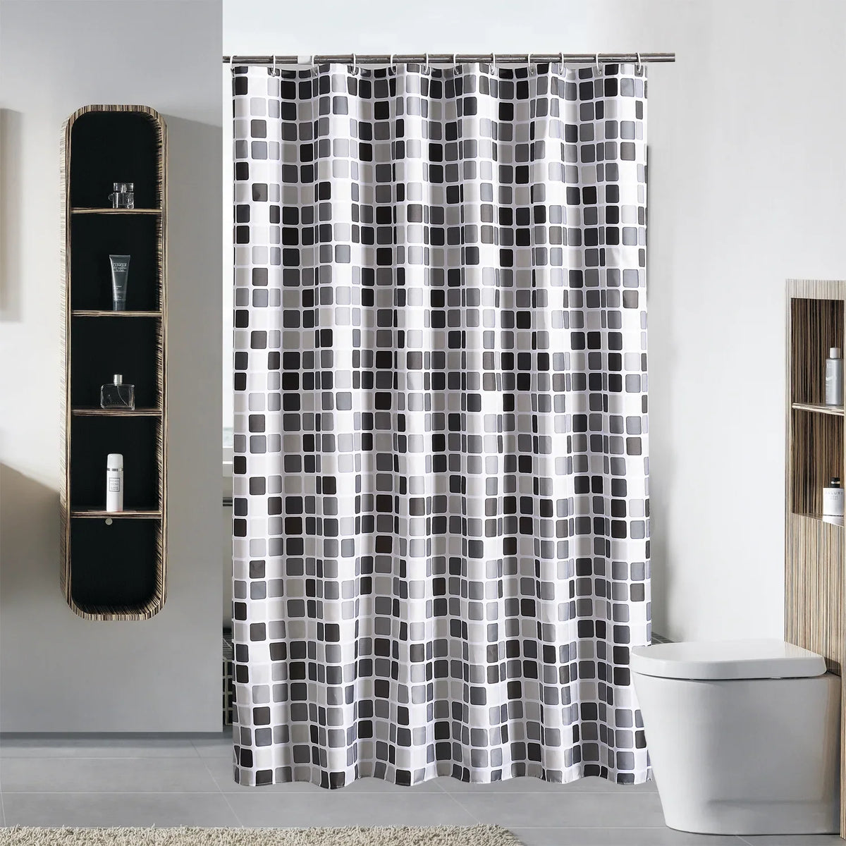 rideau douche moderne carreaux géométriques noir gris blanc opaques polyester