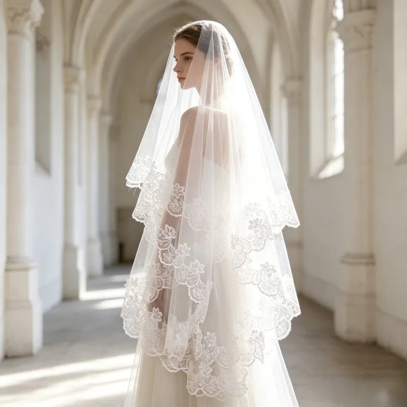 voile mariée blanc dentelle florale classique opacité simple couche cérémonie mariage