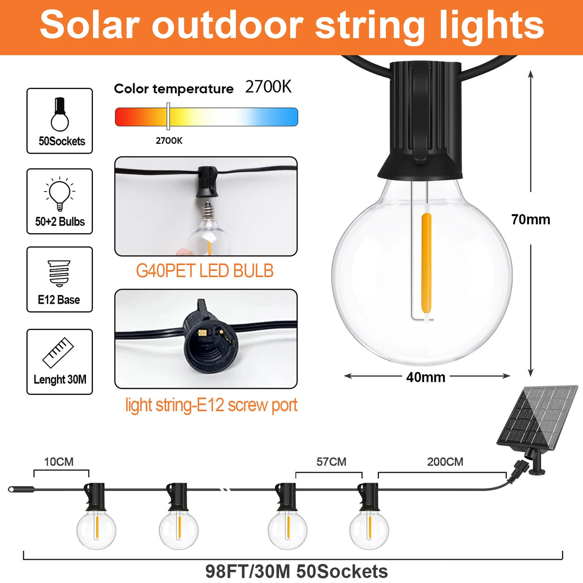 guirlande solaire lumineuse 30m 50 boules blanc chaud moderne panneau solaire télécommande interrupteur intégré