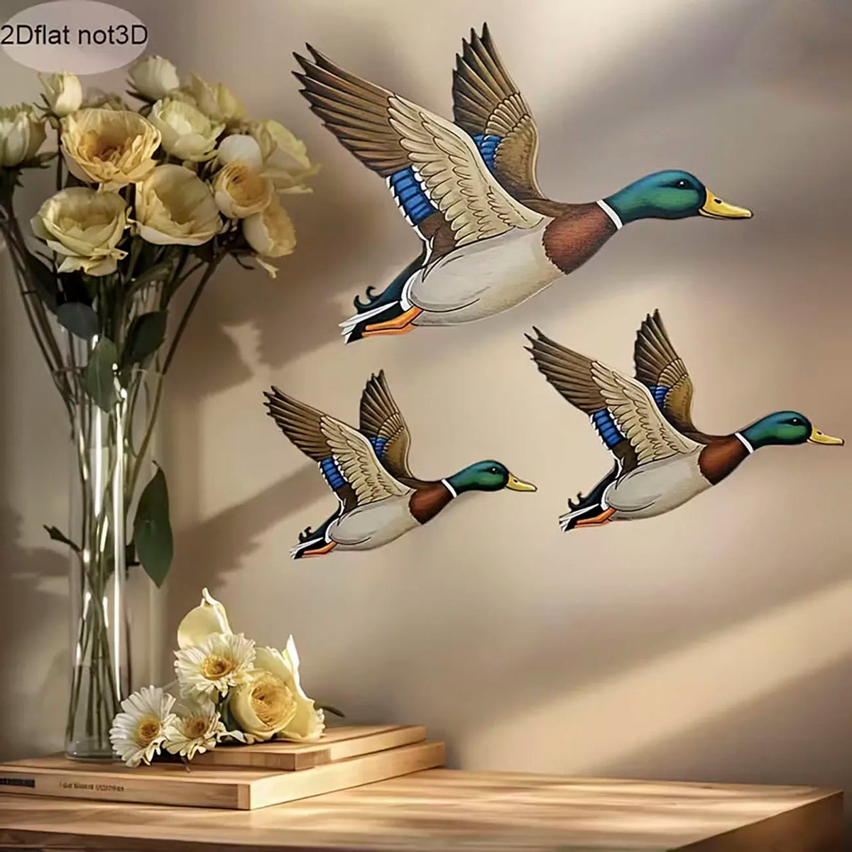 décoration murale canards vol bois métal naturel adhésif inclusion trois pièces réaliste vert marron