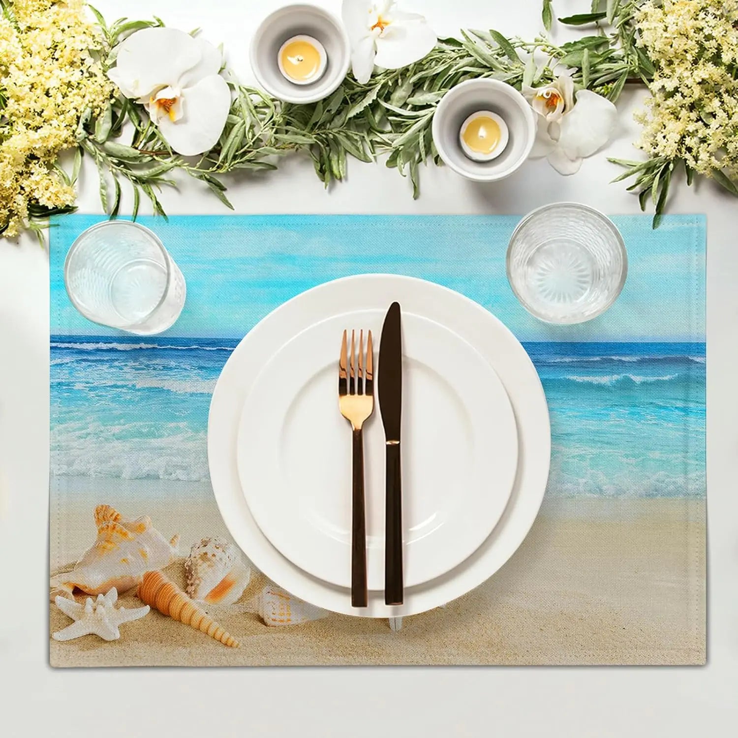 Détail du motif étoiles de mer sur le set de table antidérapant