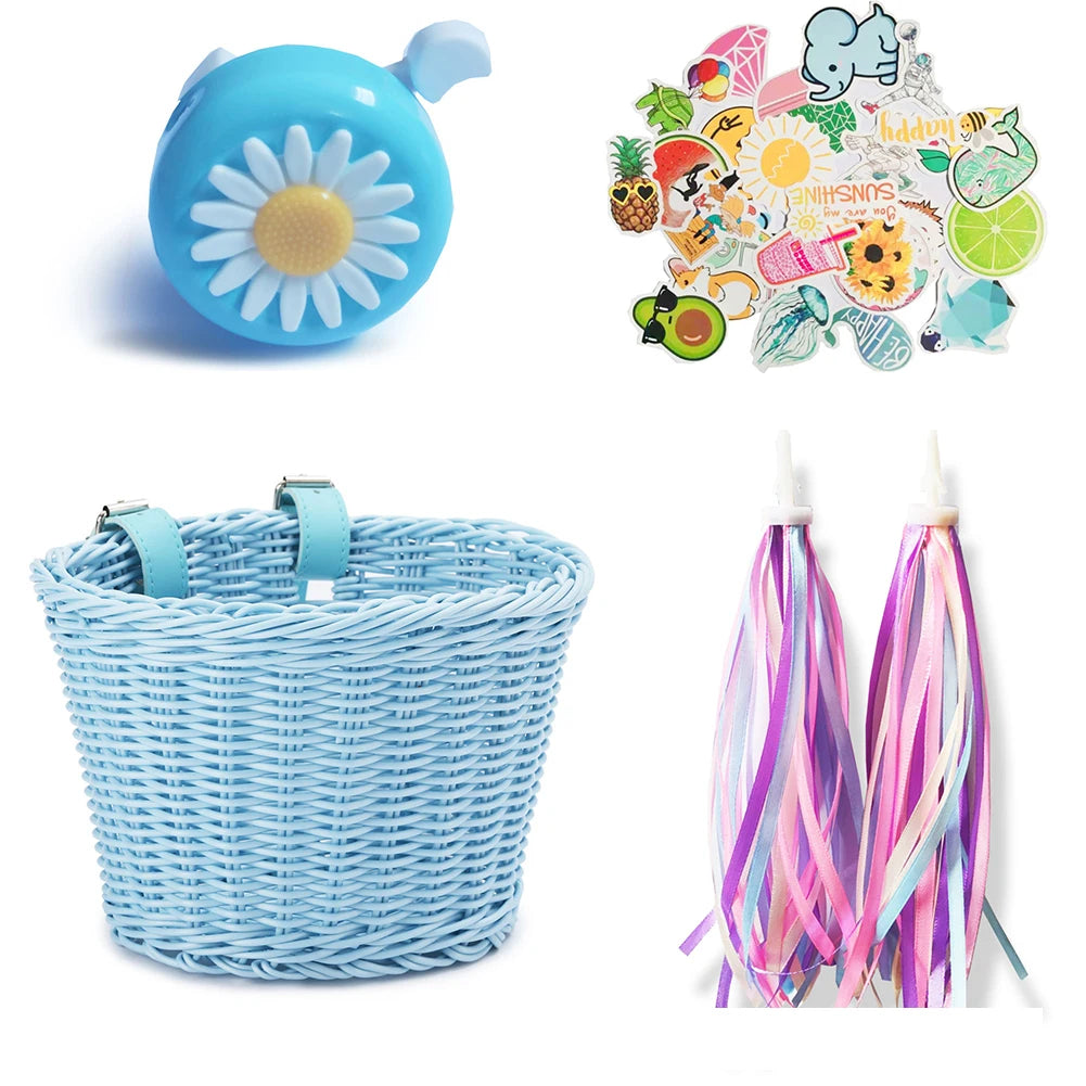 panier vélo tissé osier bleu clair classique ceintures cuir enfants accessoire vélo