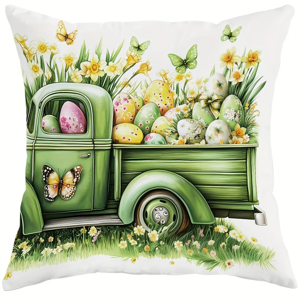 taies d'oreiller lapins pâques fleurs printemps coussin maison polyester blanc vert