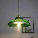 lampe suspendue vert moderne ampoule chaîne métallique rayures verticales salon chambre hall