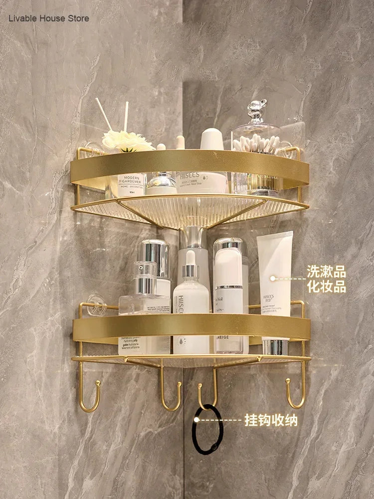 étagère salle bain dorée grille métal moderne fixée suction rangement produits toilette crochet