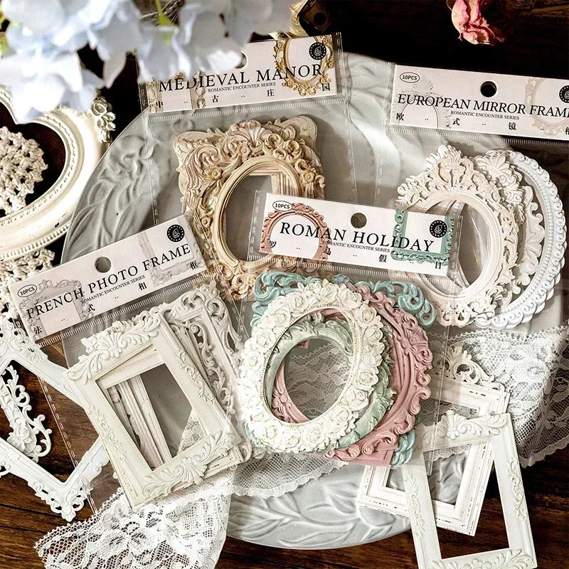 cadres décoratifs vintage blanc rose vert papier ornements baroques dentelle reliefs romantiques