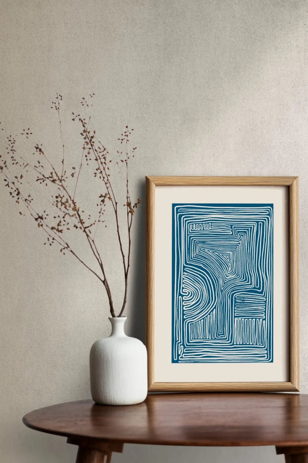 affiche abstraite moderne toile bleu beige lignes rectangulaire vertical sans cadre