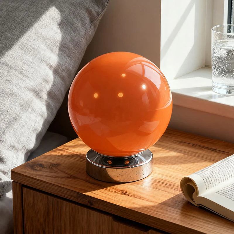 lampe table moderne orange blanc verre brillant base métallique certifiée rohs fcc