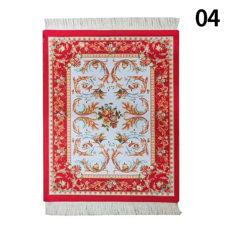 tapis souris tissu ornements traditionnels rouge noir beige bleu franges moderne ethnique