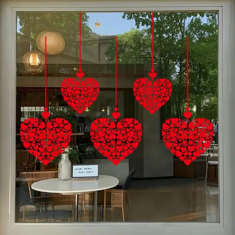 autocollants décoratifs coeurs suspendus rouge petits coeurs nids abeilles opaques romantiques rubans fenetre vitrine