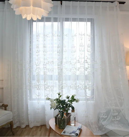 rideau blanc broderie florale transparent classique fenêtre française polyester haut gamme