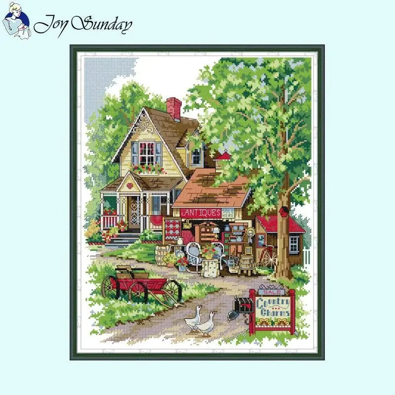 point croix kit broderie coton multicolore paysage rural maison arbre animaux DIY fil aiguilles