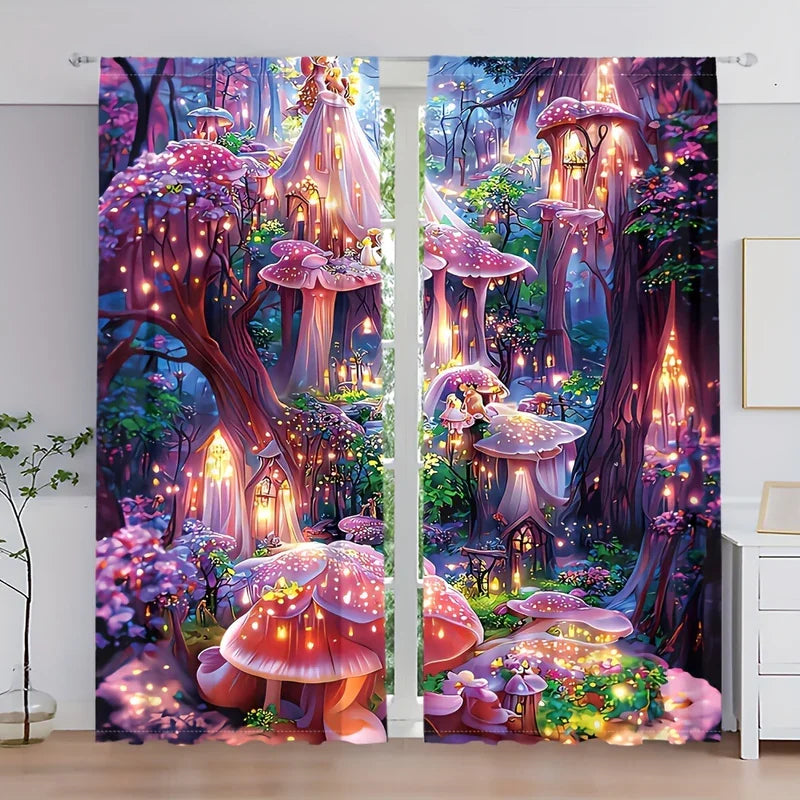 rideaux imprimés forêt magique champignons géants arbres lanternes enfants violet rose vert blanc fantaisie