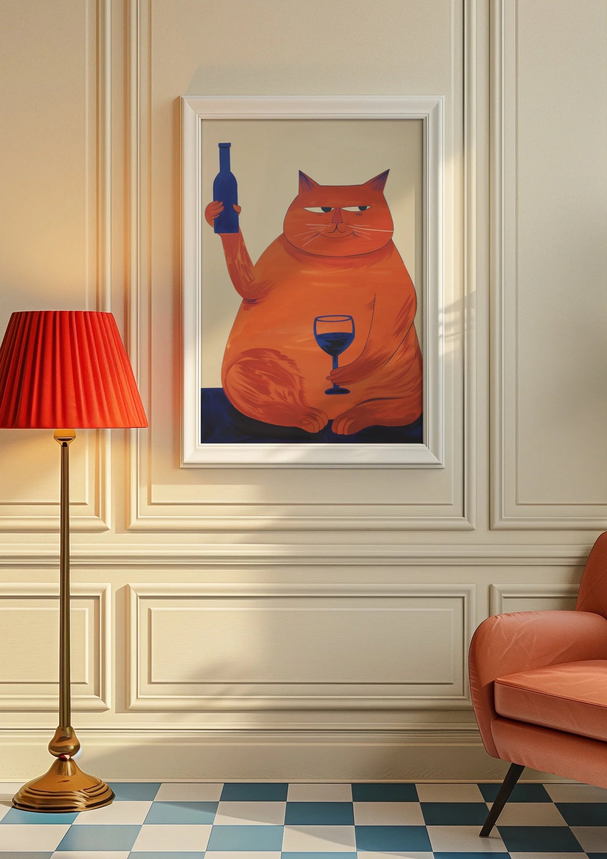 affiche murale illustration chat vin couleur or bleu noire blanche moderne