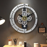 horloge murale décorative engrenages industriels noir blanc doré chiffres cercle métal transparent salon