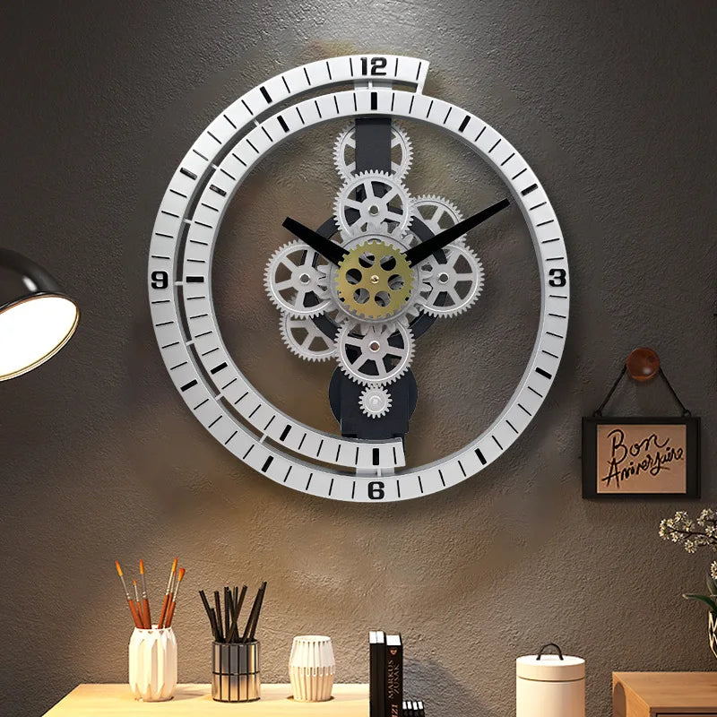 horloge murale décorative engrenages industriels noir blanc doré chiffres cercle métal transparent salon