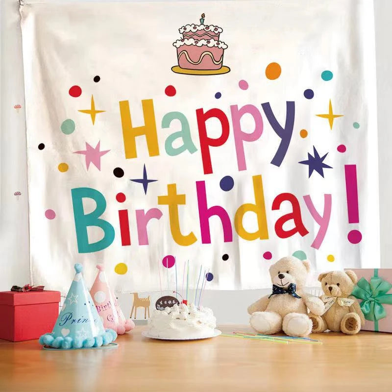 décoration chambre coucher rideau mural happy birthday confettis arc ciel lettres motifs festifs clips