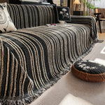 housses canapé moderne rayées tissu épais franges noir beige