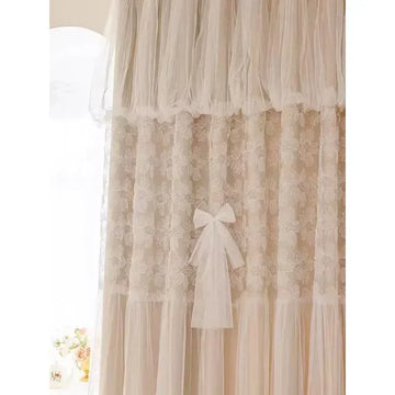 rideaux transparents beige fleurs blanches romantique vintage rubans noeuds chambre salon