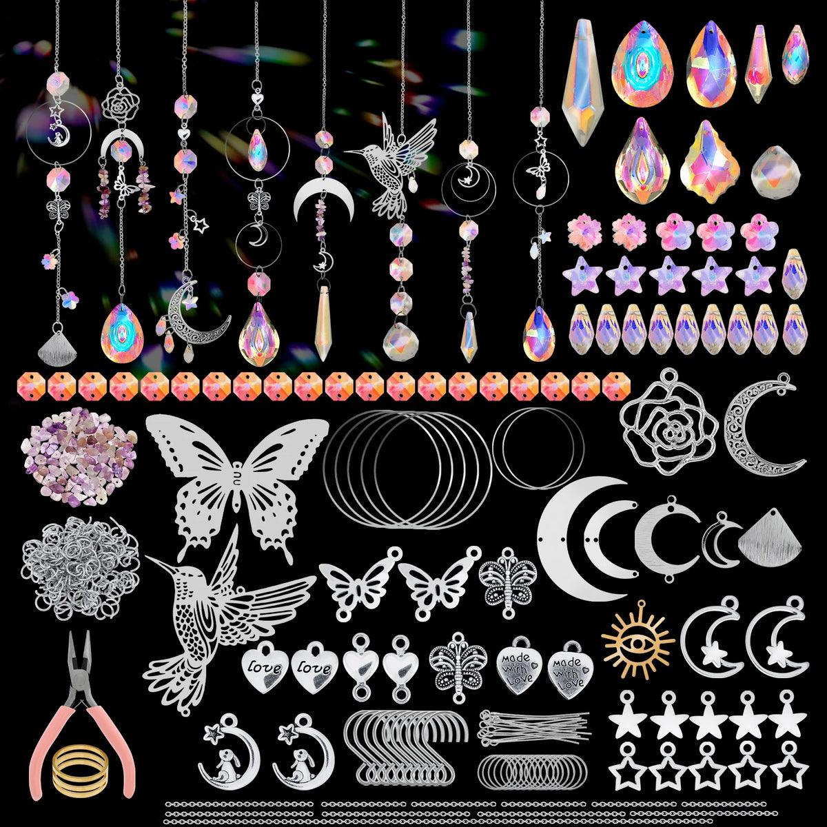 suncatcher artisanal transparent multicolore cristaux motifs floraux papillons roses métal inoxydable kit décoration maison